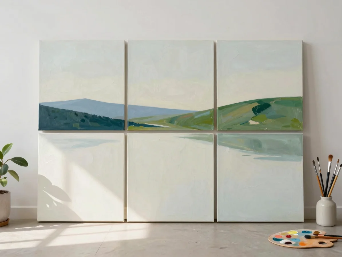 Studio flatlay of Kai Chen's minimalist oil landscape painting wi