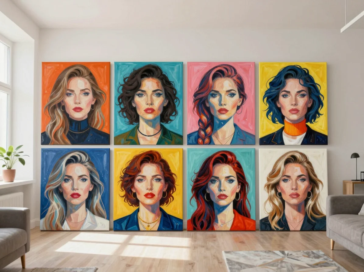 Dynamic multi-image collage of Lena Petrova's mixed-media portrai