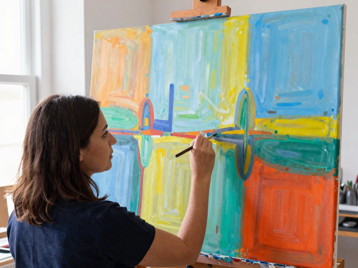 Close-up of Elara Vance painting a large abstract acrylic canvas