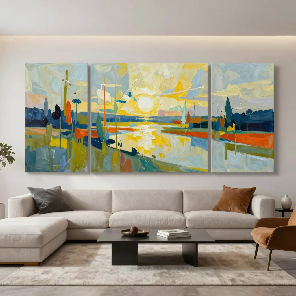 Oil painting of abstract landscape, sunlit contemporary living ro