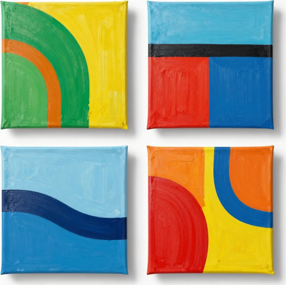 Studio flatlay of colorful canvas work, high key