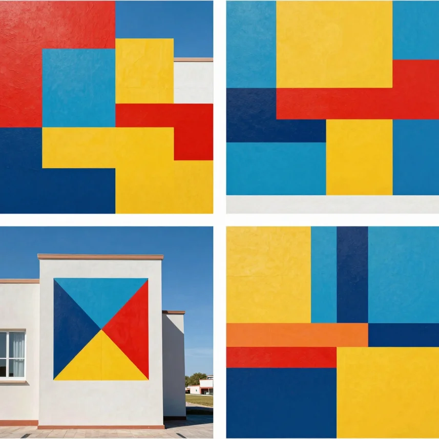Dynamic collage of geometric paintings, crisp colors
